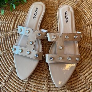 Soda Nude Patent Rhinestone Studded Slide Sandals